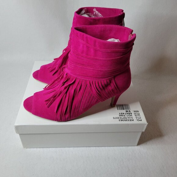 Hot Pink Fringe Peep Toe Booties Size 9 Faux Suede - Picture 4 of 7